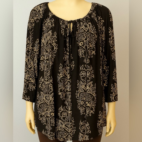 Lucky Brand Tops - Lucky Brand Women’s 1X Black Beige Floral Boho Peasant Tunic Top Blouse